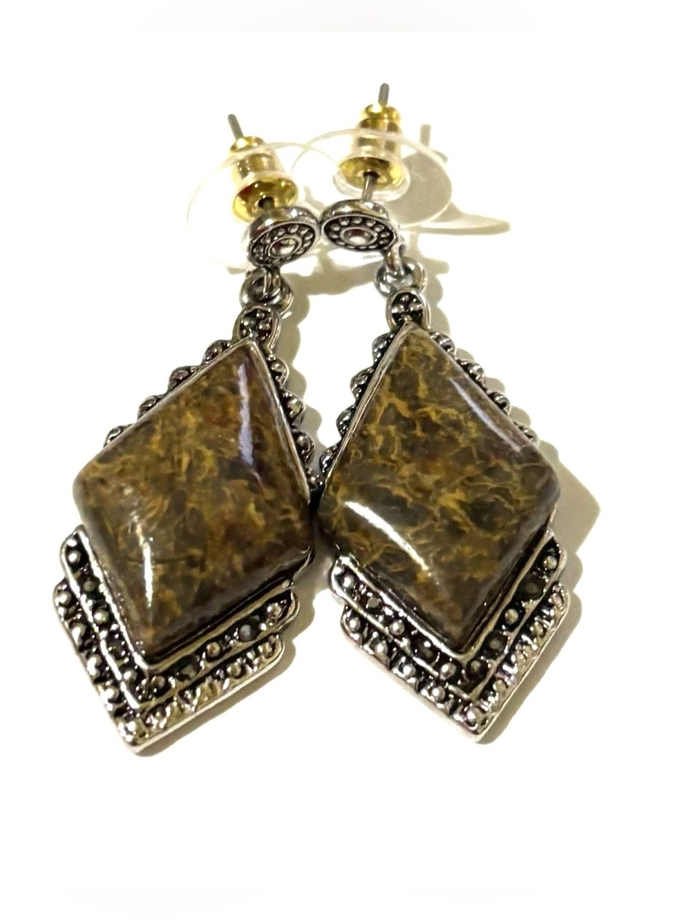 Fashion Jewelry Brown Marbled Stone Drop Earrings with Silver-Tone Detail